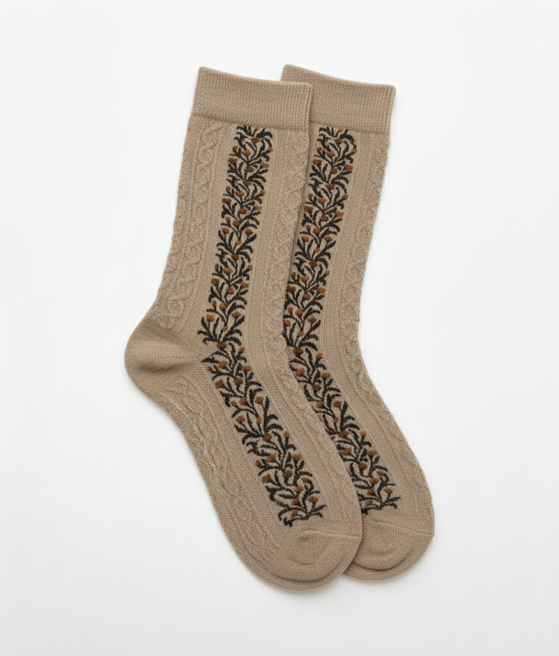 TAUPE CABLE KNIT ACORN SOCKS