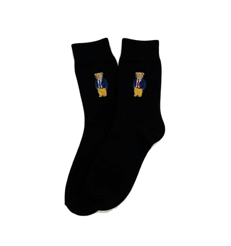 BUSINESS BEAR EMBROIDERED BLACK SOCKS