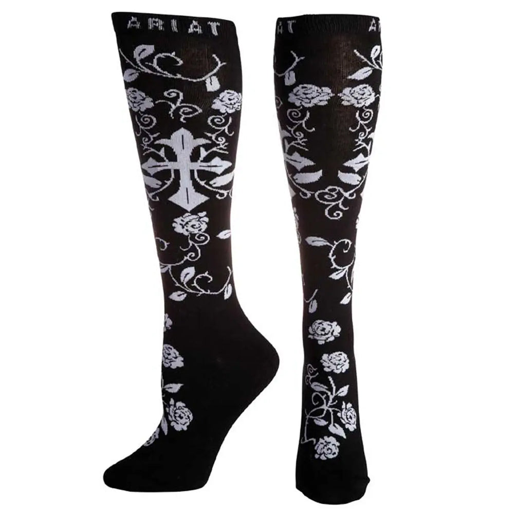 ARIAT LADIES BLACK CROSS AND FLOWERS KNEE HIGH SOCK