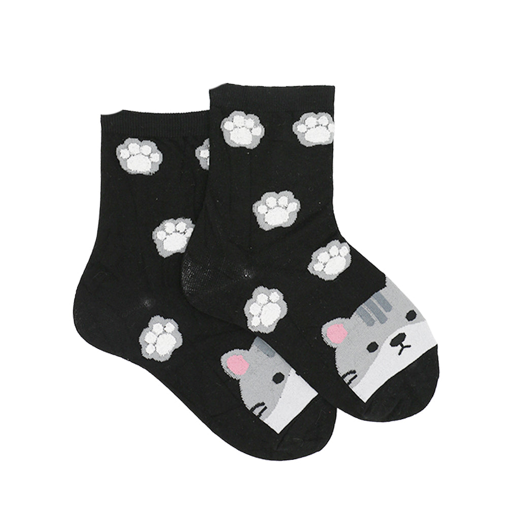 BLACK CAT WITH FOOTPRINTS ANKLE SOCKS