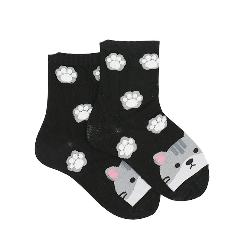 BLACK CAT WITH FOOTPRINTS ANKLE SOCKS