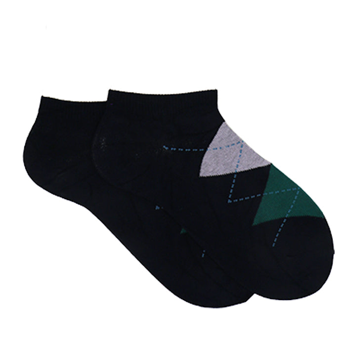 BLACK CUSHIONED ARGYLE ANKLE SOCKS