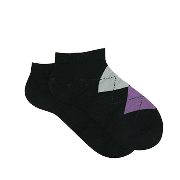 CUSHIONED ARGYLE GREY AND PURPLE ANKLE SOCKS