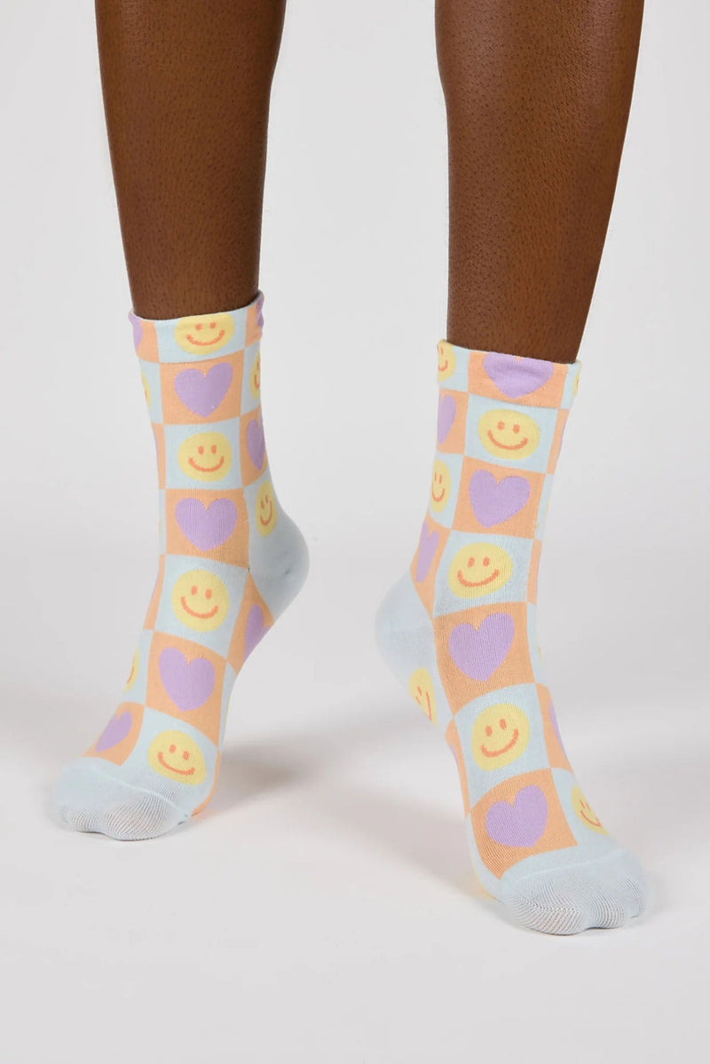 MINT GREEN AND PEACH SMILEY FACE HEART BLOCK SOCKS