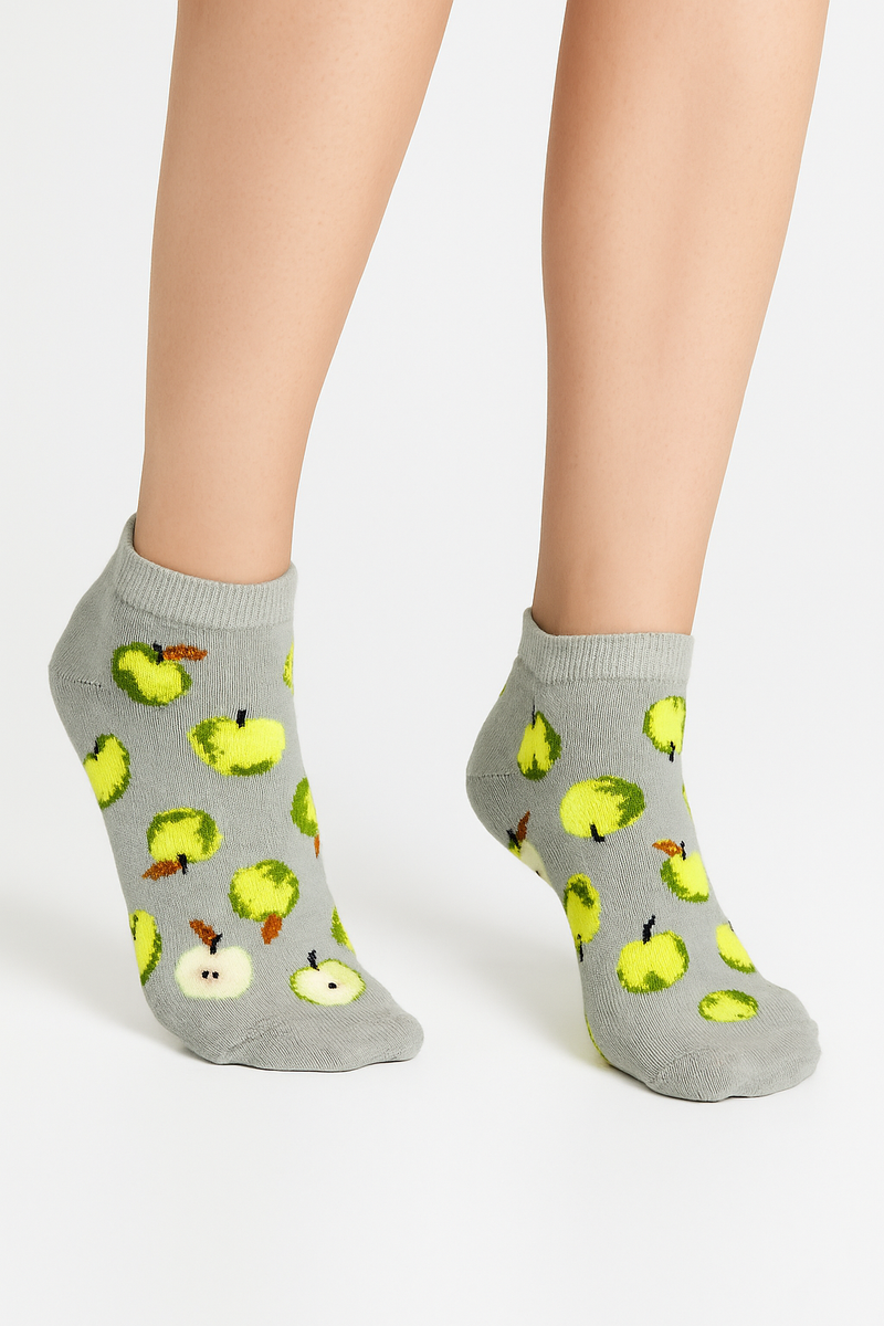 GRAY-GREEN APPLE PRINT ANKLE SOCKS