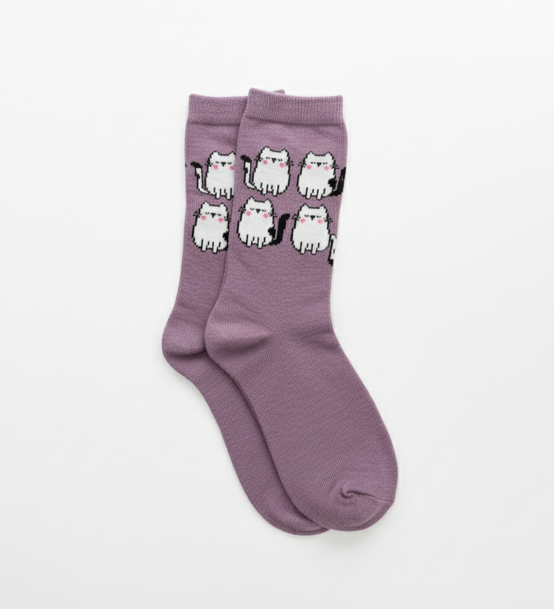 PIXEL CAT MAUVE CREW SOCKS