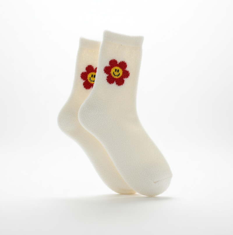 SMILEY FLOWER EMBROIDERED COZY SOCKS