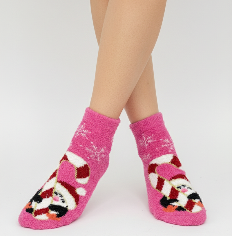 PINK SANTA FUZZY ANKLE SOCKS (MODELED)