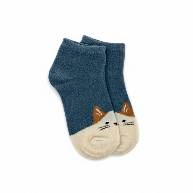 TWO-TONE CAT FACE COZY WARM ANKLE SOCKS