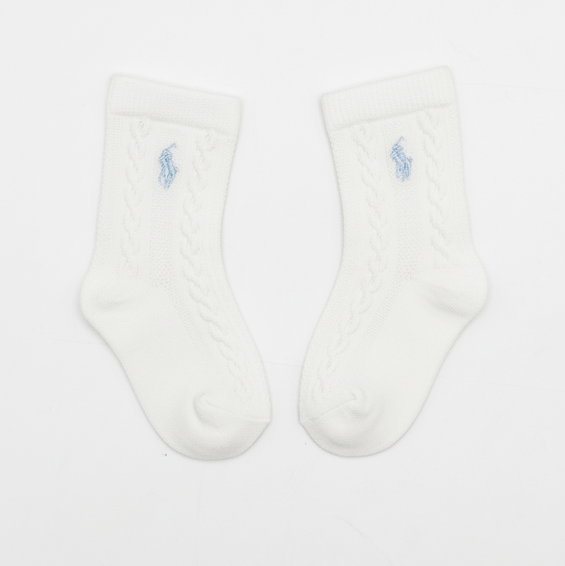 RL POLO BABY WHITE CABLE KNIT BLUE PONY SOCKS (0-2YRS)