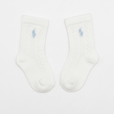 RL POLO BABY WHITE CABLE KNIT BLUE PONY SOCKS (0-2YRS)