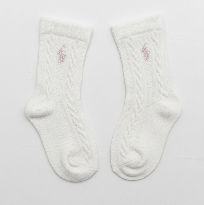 RL POLO BABY WHITE CABLE KNIT PINK PONY SOCKS (0-2YRS)