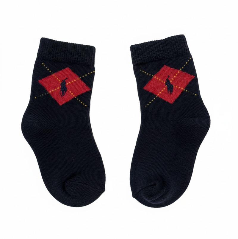 RL POLO NAVY ARGYLE BABY SOCKS WITH RED DIAMOND PATTERN SOCKS (1-3YRS)