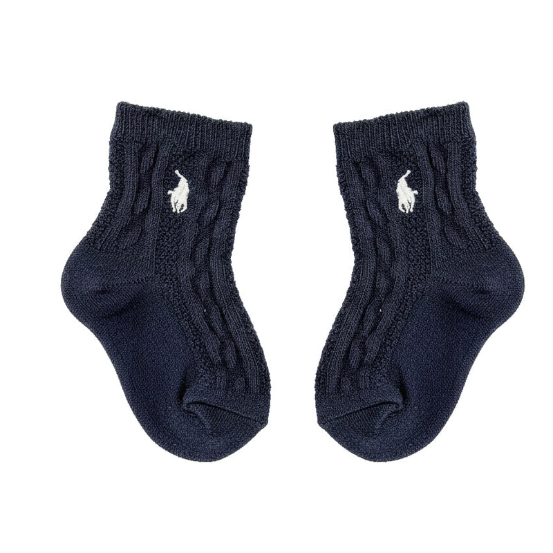RL POLO NAVY CABLE KNIT WHITE PONY SOCKS (0-2YRS)
