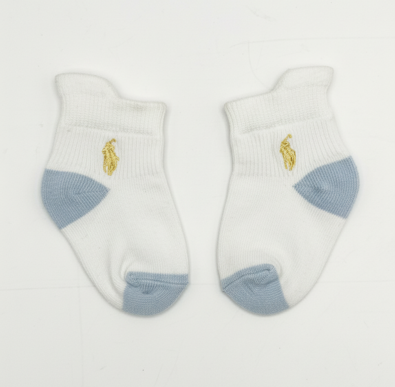RL POLO WHITE & BLUE TIPPED ANKLE SOCKS (0-2YRS)