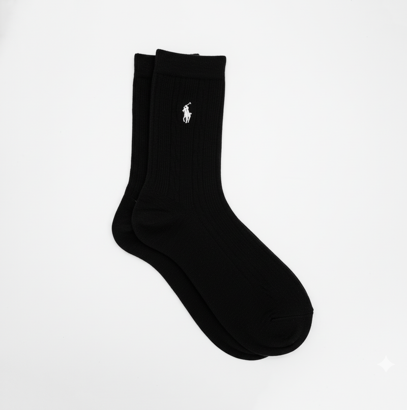 RL POLO CLASSIC BLACK RIBBED ANKLE SOCKS (WHITE PONY)