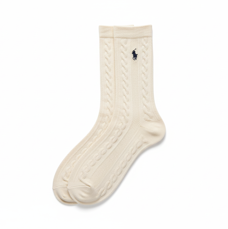RL POLO CREAM HERITAGE CABLE KNIT SOCKS