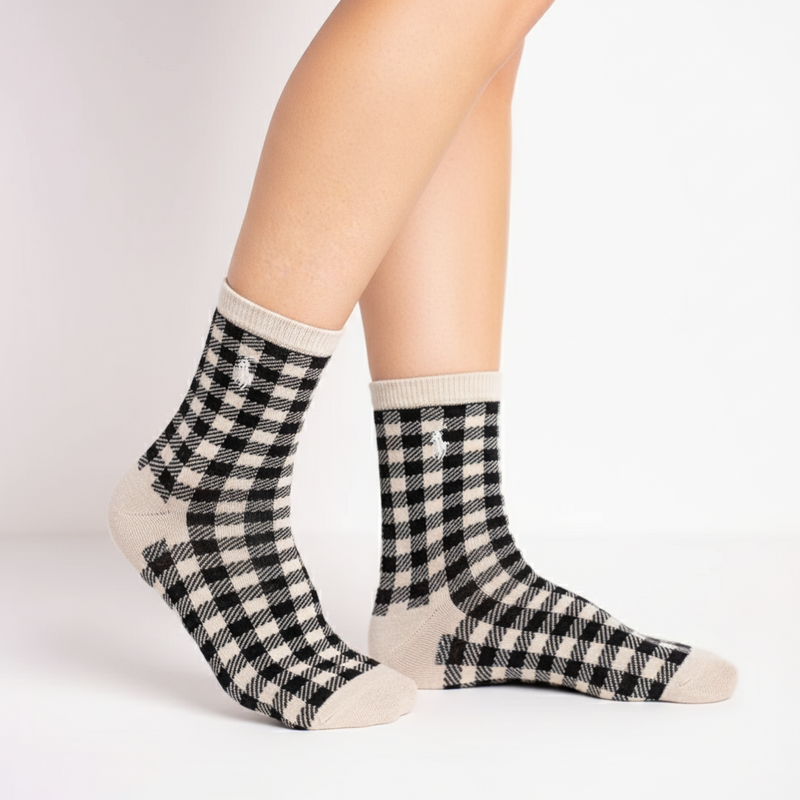 RL POLO BLACK & CREAM BUFFALO CHECK CREW SOCKS