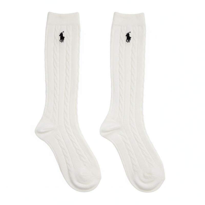 RL POLO CREAM CABLE KNIT KNEE-HIGH SOCKS