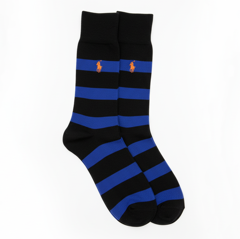 RL POLO BOLD BLACK AND BLUE HORIZONTAL STRIPE SOCKS