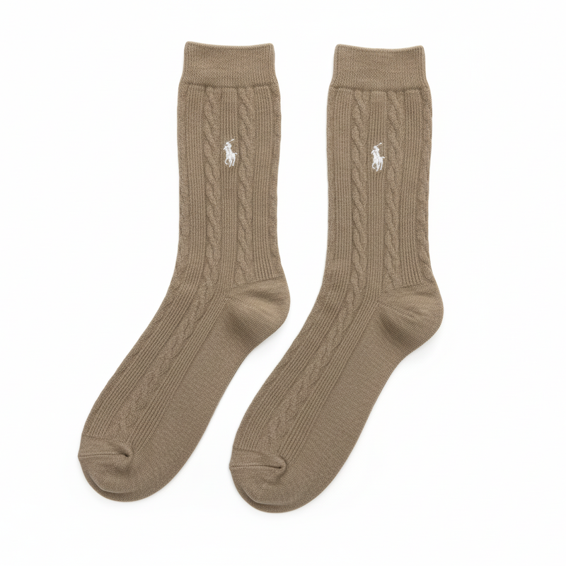 RL POLO KHAKI CABLE KNIT CREW SOCKS