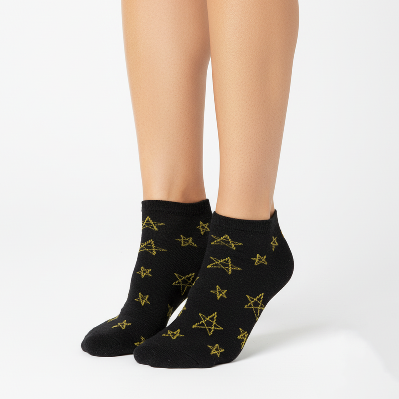 MIDNIGHT SPARKLE NO-SHOW SOCKS (BLACK & GOLD STAR PATTERN)