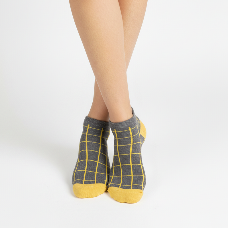 BOLD WINDOWPANE ANKLE SOCKS (GREY & NEON YELLOW)