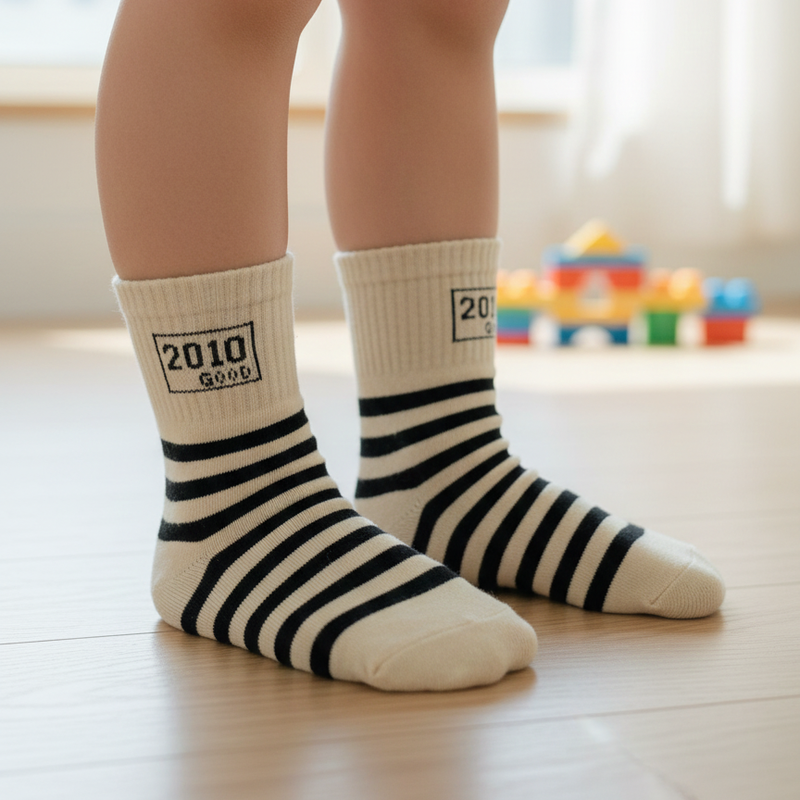 GOOD VIBE' BLACK & CREAM RETRO STRIPE SOCKS (2 - 5 YRS)