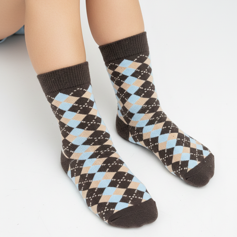 CLASSIC BROWN & BLUE ARGYLE CREW SOCKS (5 - 10 YRS)
