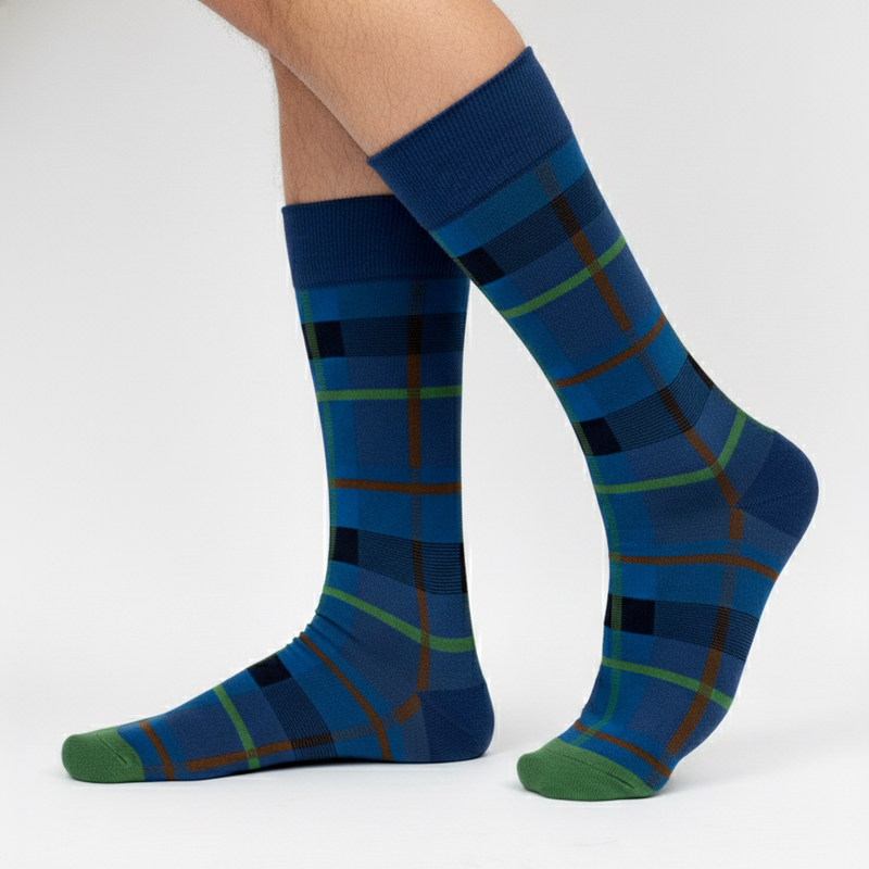 DEEP BLUE TARTAN PLAID CREW SOCKS