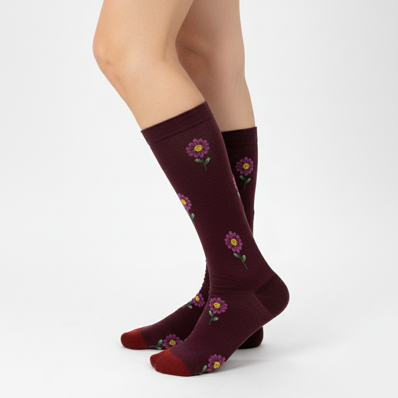 DEEP BURGUNDY FLORAL MEADOW SOCKS