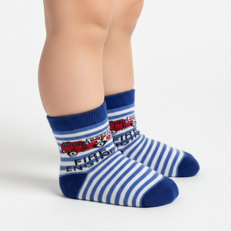 LITTLE HERO FIRE ENGINE STRIPED SOCKS (BLUE)