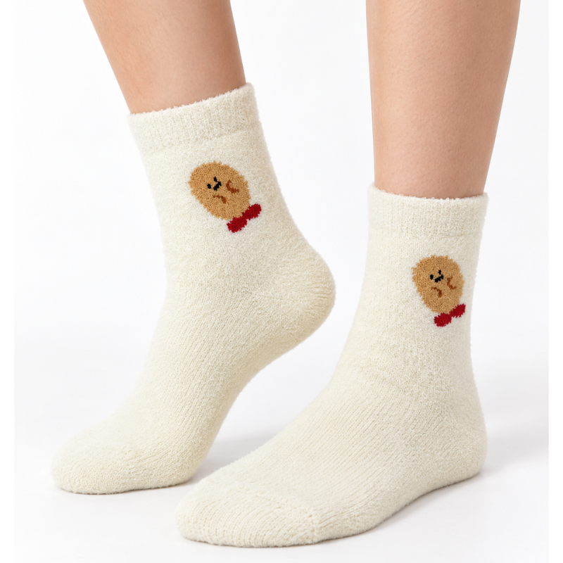 LITTLE TEDDY BOW CREAM COZY WARM SOCKS