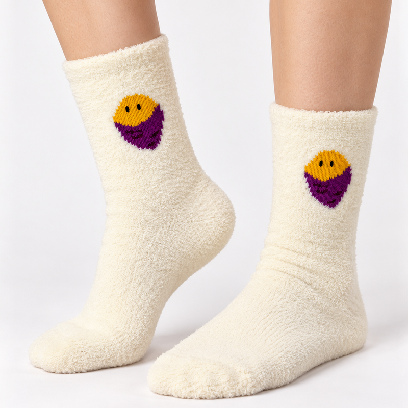PURPLE SMILEY CREAM COZY WARM SOCKS
