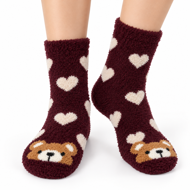 BURGUNDY TEDDY LOVE COZY WARM SOCKS