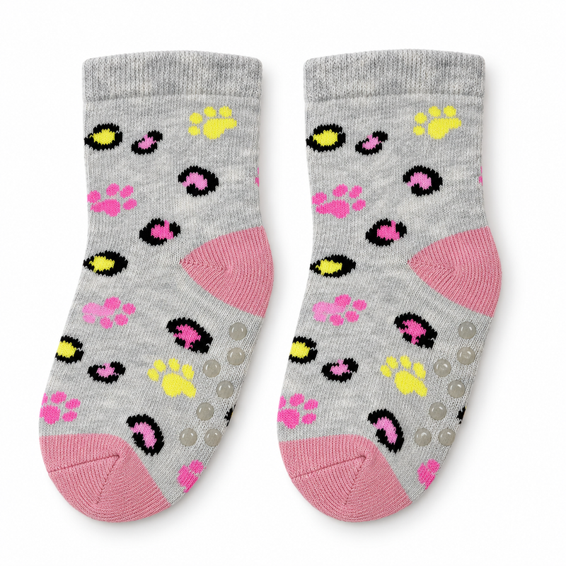 COLORFUL PAW PRINTS GREY ANTI SLIP SOCKS (6-24 MONTHS)