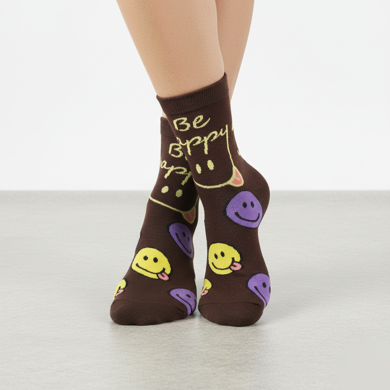 HAPPY VIBES ANKLE SOCKS (BROWN)
