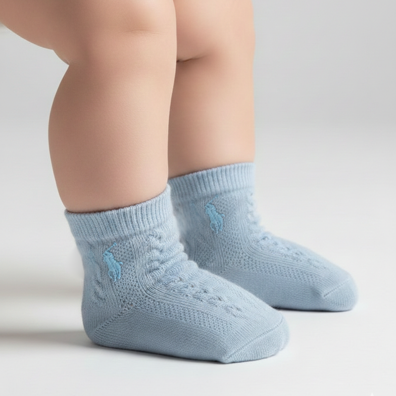 RL POLO BLUE CABLE-KNIT EYELET SOCKS (0-2YRS)