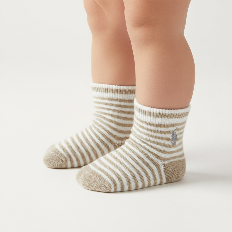 RL POLO BABY STRIPED TAN PONY ANKLE SOCKS (0-2YRS)