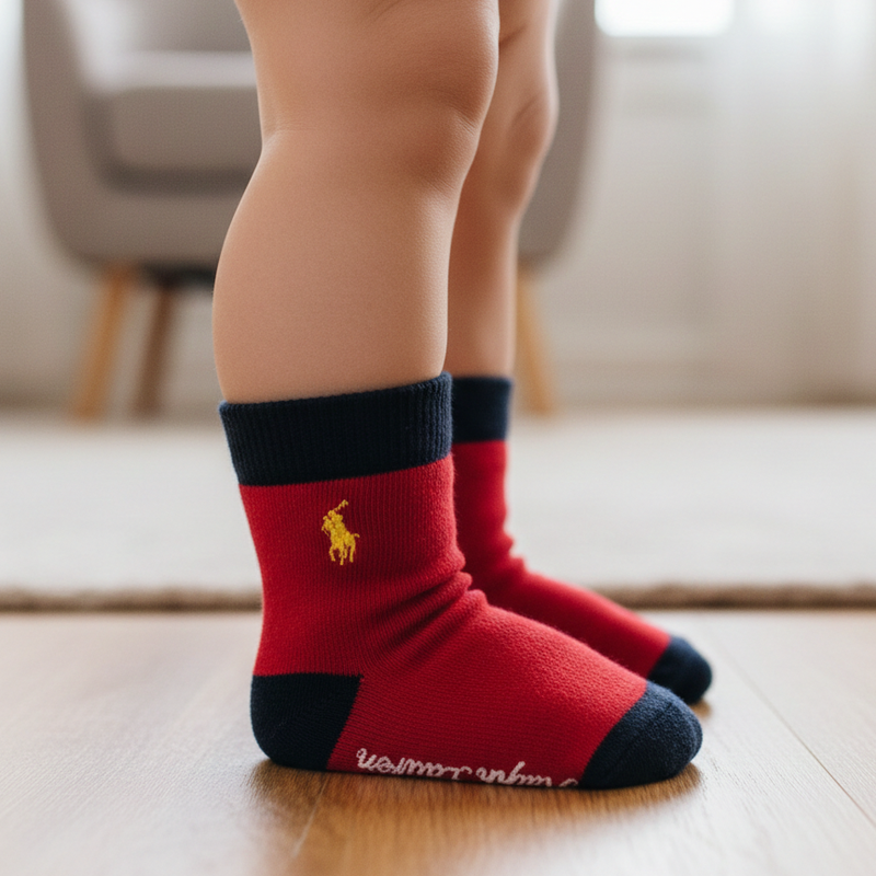 RL POLO RED & NAVY LOGO CREW SOCKS (0-2YRS)