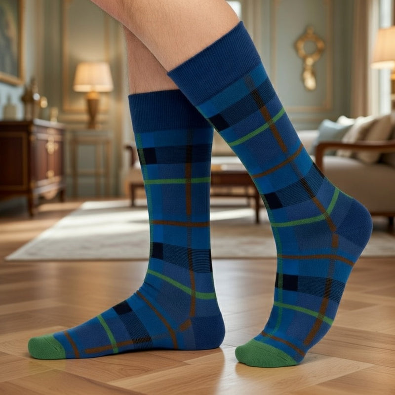 DEEP BLUE TARTAN PLAID CREW SOCKS