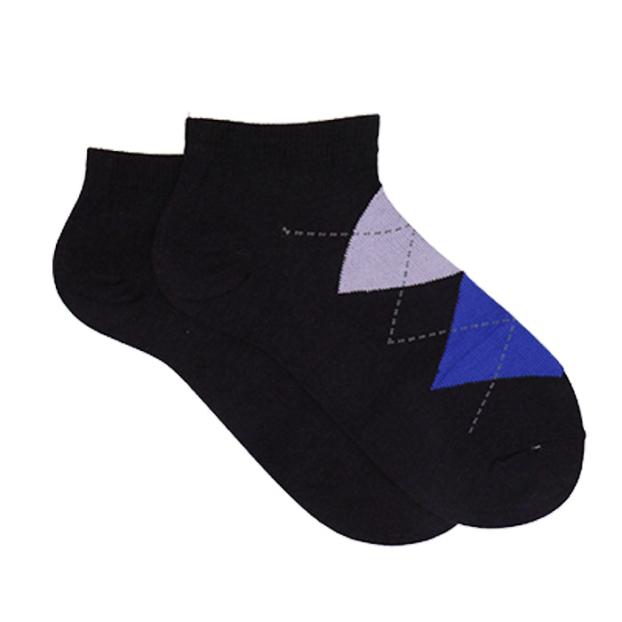 CUSHIONED ARGYLE PURPLE AND BLUE ANKLE SOCKS